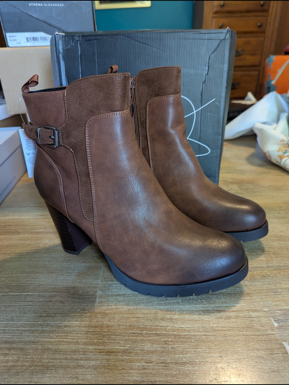 Women's Brown Faux-Leather Ankle Booties with Buckle Accent